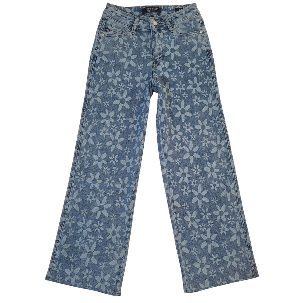 Judy Blue Floral Daisy Print Wide Crop Jeans 0/24 Blue Stretch Denim‎ JB88772